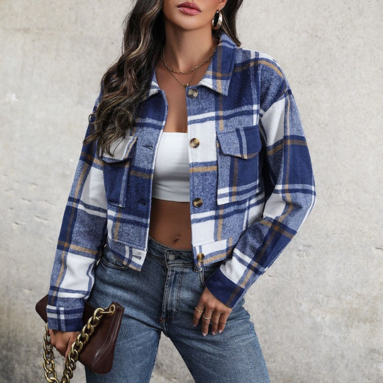 Damen Karierte Denimjacke mit Knöpfen und Brusttaschen Heidi-Mode