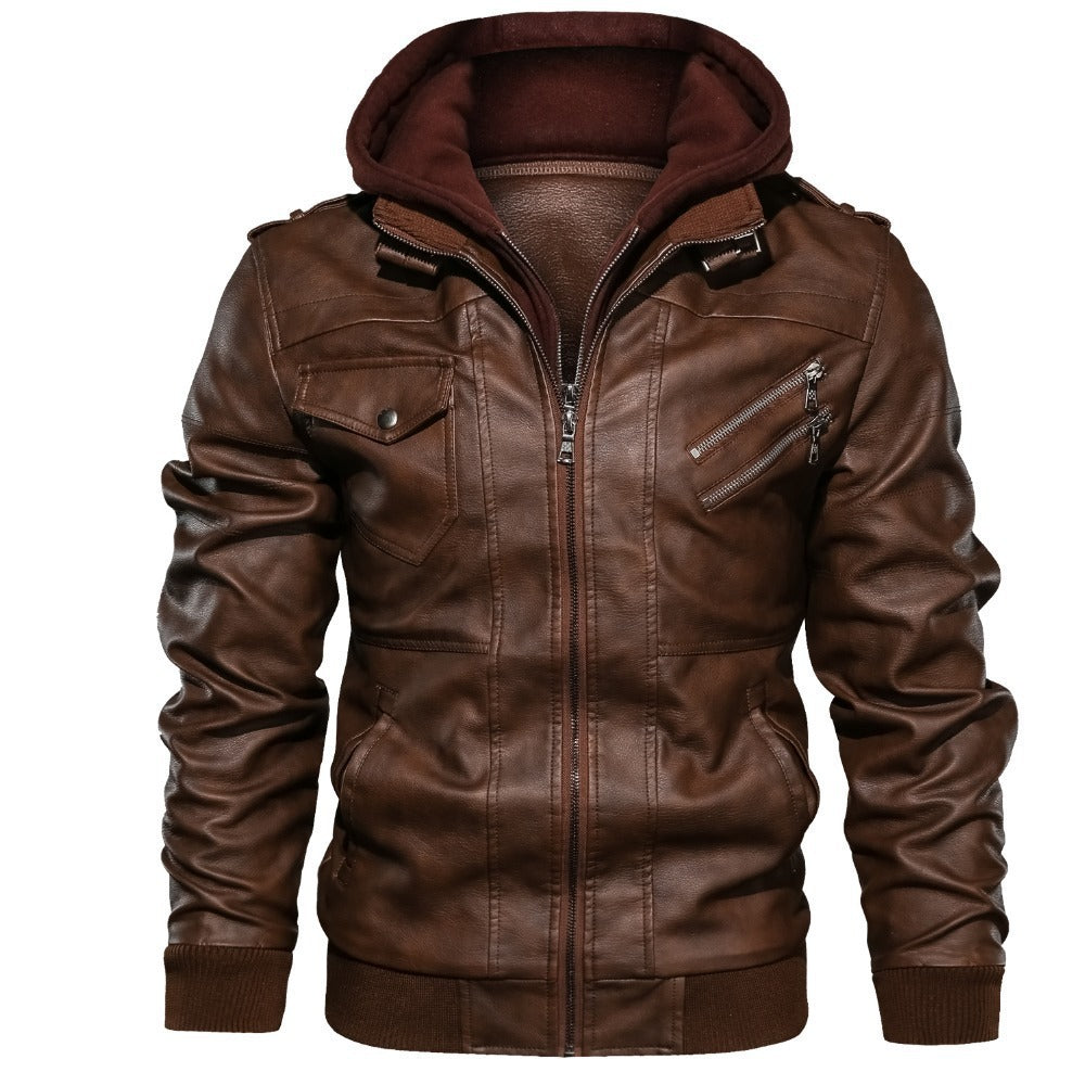 Herren lässige Kunstlederjacke mit abnehmbarer Kapuze und zahlreichen Taschen Heidi-Mode