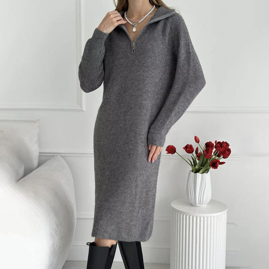Damen Strickkleid mit Stehkragen und durchgehendem Reißverschluss Heidi-Mode