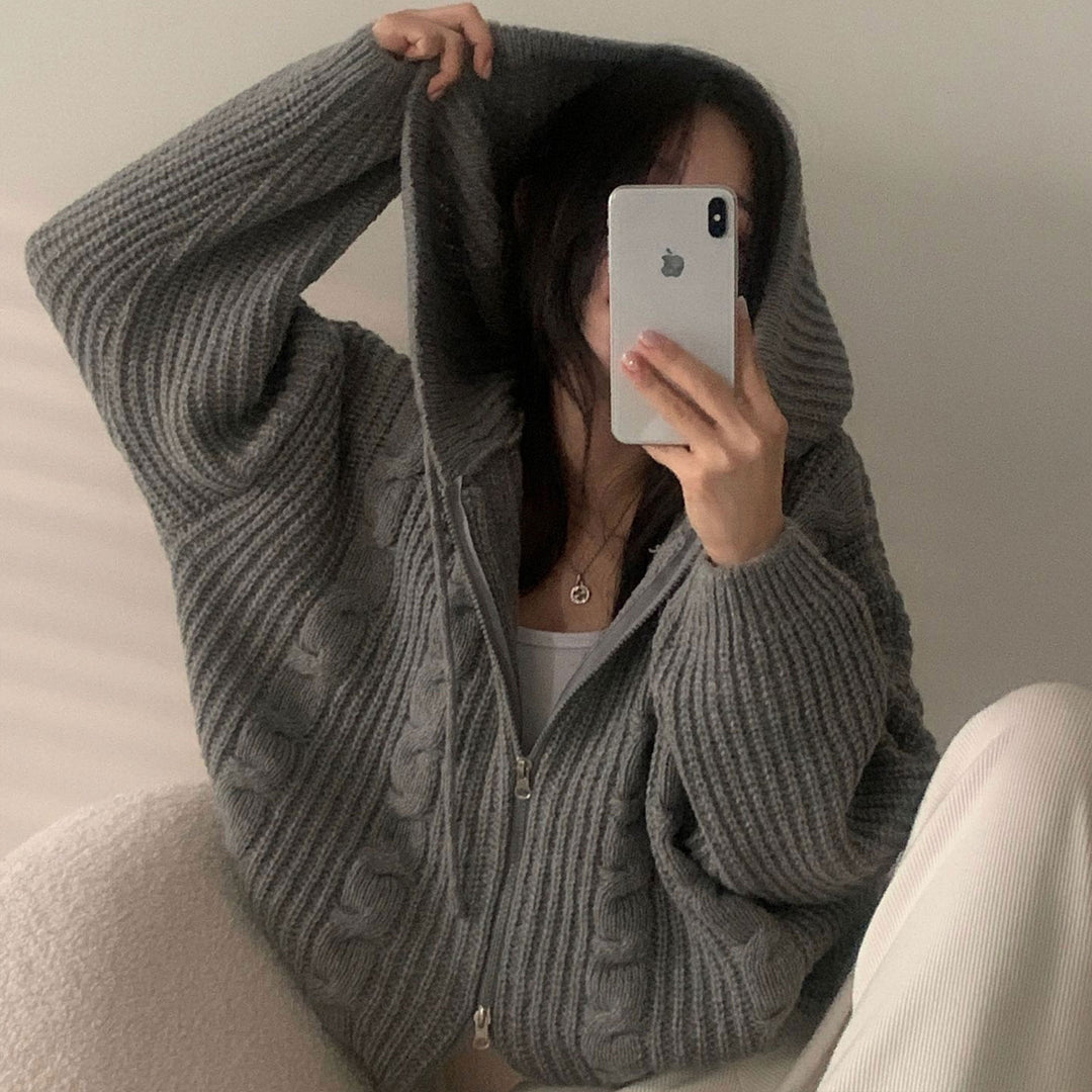 Damen Bequemer Strickjacke mit Kapuze und Reißverschluss Heidi-Mode