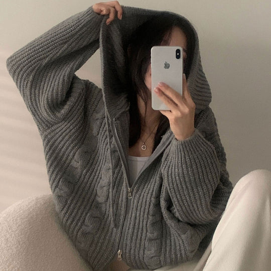 Damen Bequemer Strickjacke mit Kapuze und Reißverschluss Heidi-Mode