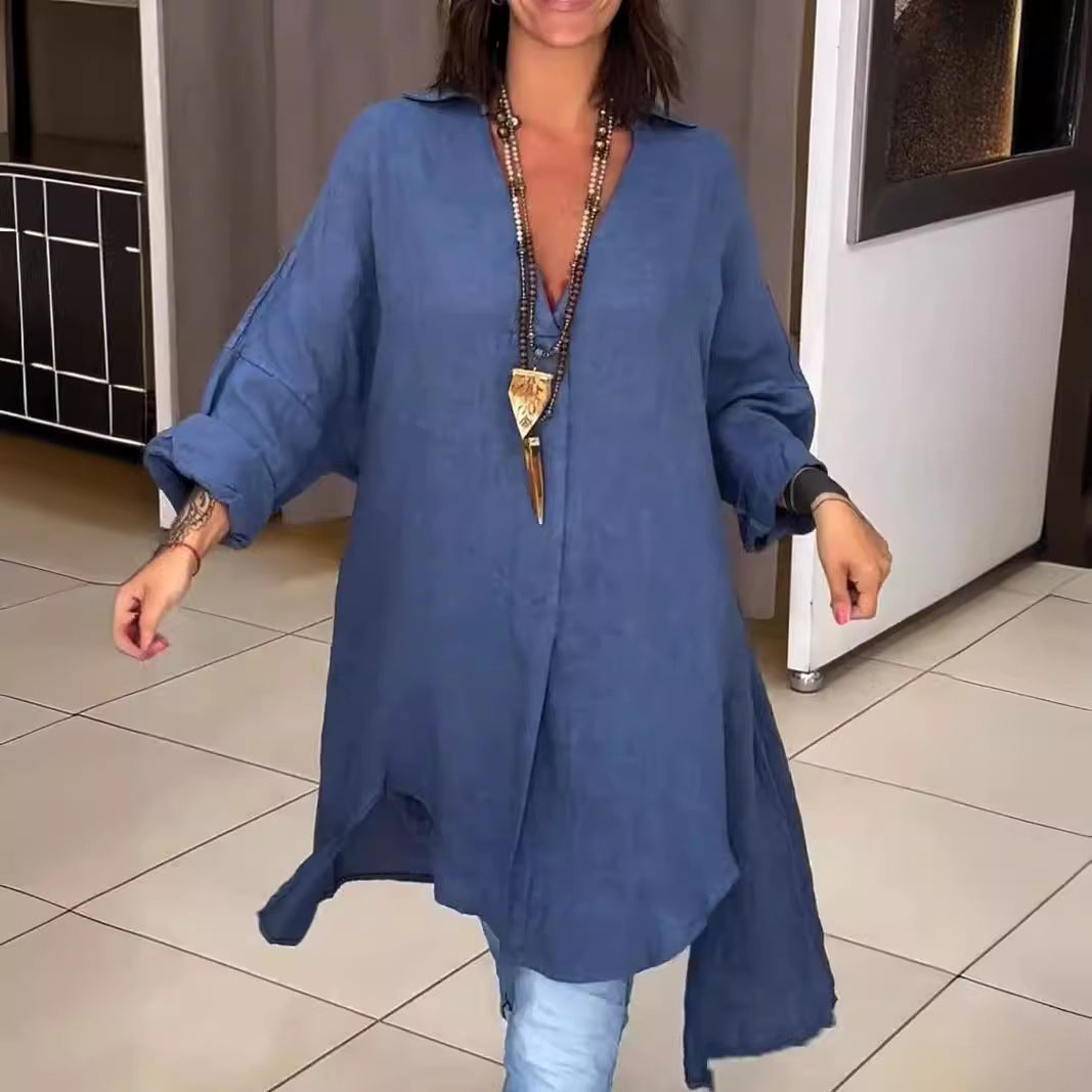 Damen Lässige Leinenbluse mit durchgehender Knopfleiste und umschlagbaren Ärmeln Heidi-Mode