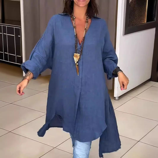 Damen Lässige Leinenbluse mit durchgehender Knopfleiste und umschlagbaren Ärmeln Heidi-Mode