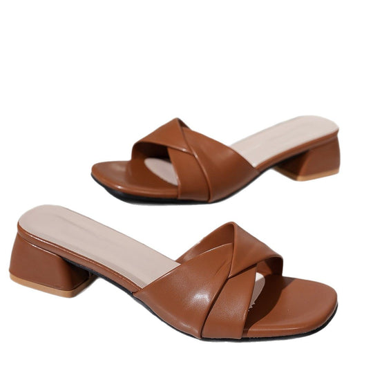 Damen Mules mit elegantem überkreuztem Riemen und komfortablem Blockabsatz Heidi-Mode