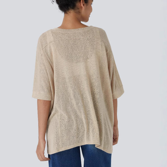 Damen lässiges Oversized T-Shirt mit seitlichen Schlitzen und umgeschlagenen Ärmeln Heidi-Mode