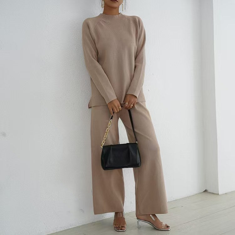 Damen elegantes und lässiges Strick-Loungewear-Set mit hohem Kragen und weiten Beinen Heidi-Mode