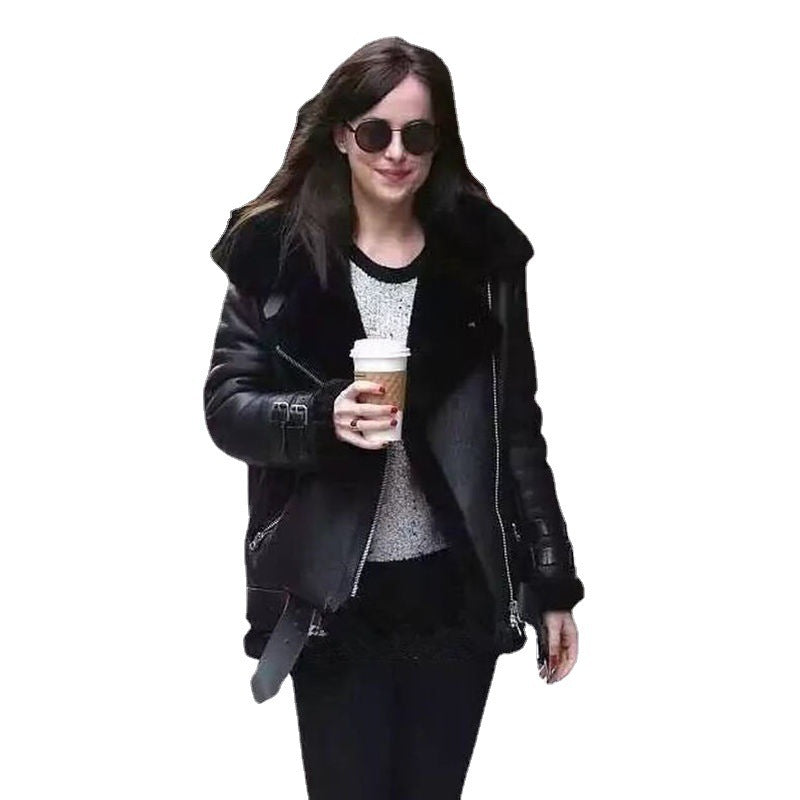 Damen modische jacke mit Kunstfellkragen und asymmetrischem Reißverschluss Heidi-Mode