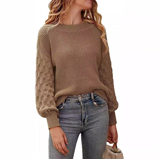Damen modischer Strickpullover mit strukturierten Ärmeln und Rundhalsausschnitt Heidi-Mode