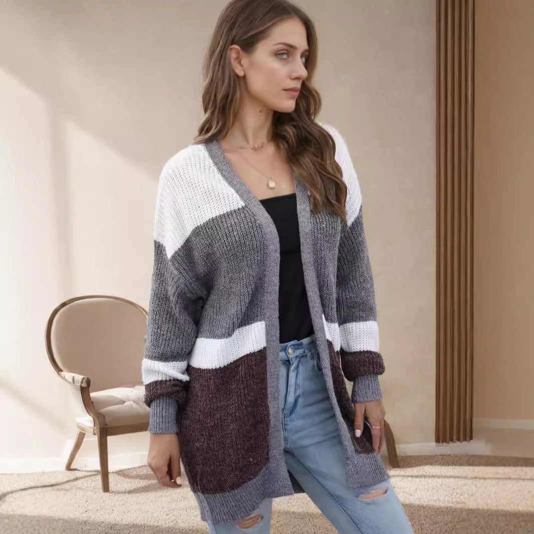 Damen lockere Strickjacke mit modischem Streifenmuster Heidi-Mode