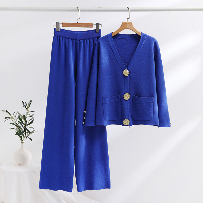 Damen elegantes Strick-Loungewear-Set mit weiten Bein und schönen Knöpfen Heidi-Mode