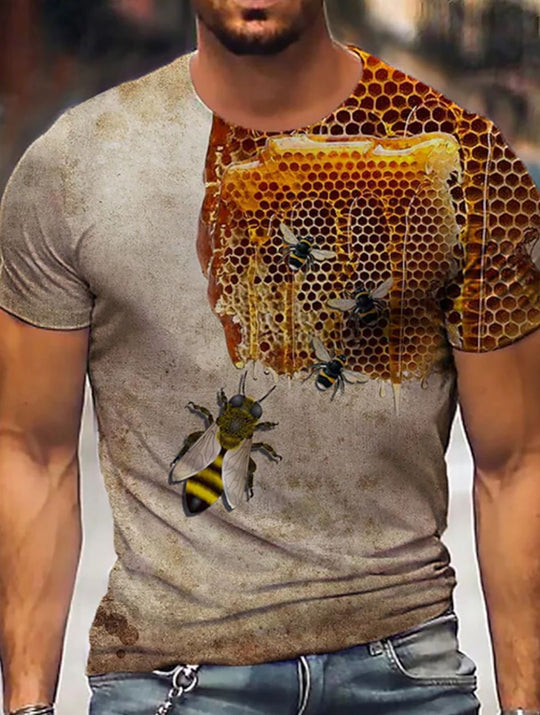 Herren T-Shirt mit künstlerischem Bienenwabenmotiv und 3D-Druck Heidi-Mode