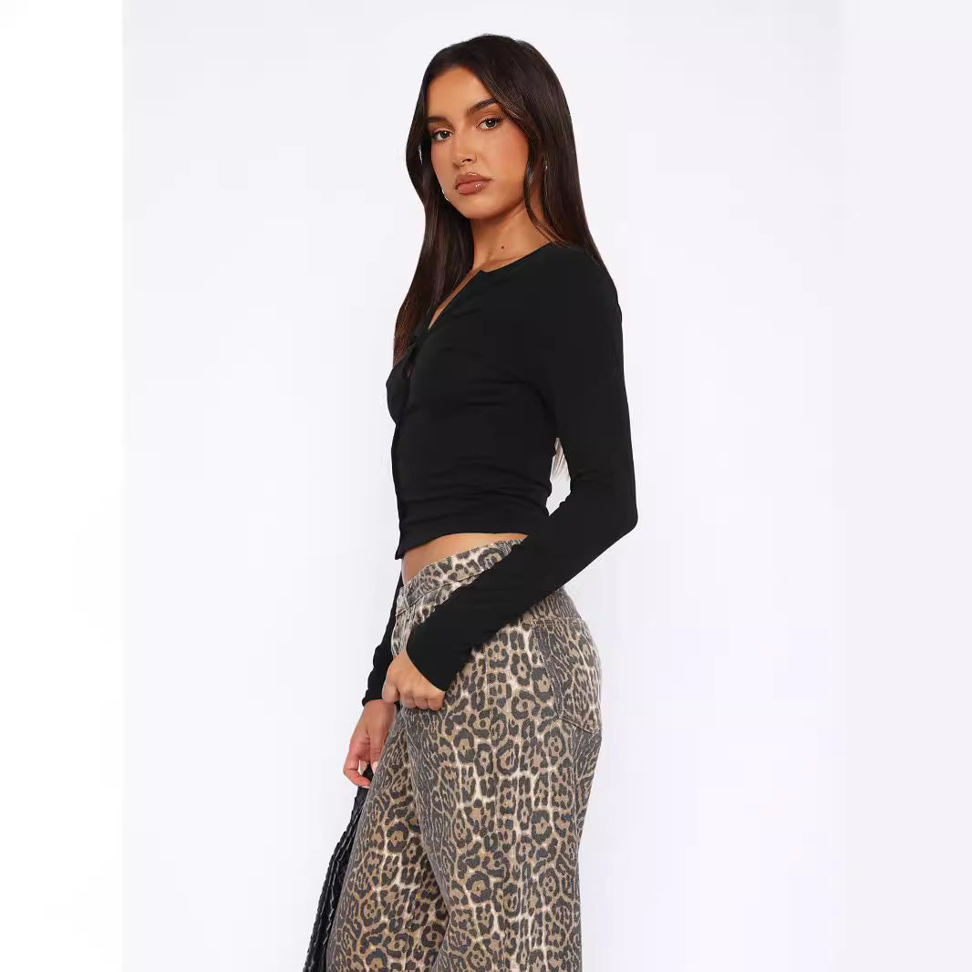 Damen figurbetontes Langarmshirt mit Knopfleiste Heidi-Mode