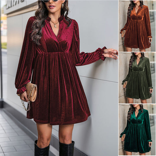 Damen elegantes Samtkleid mit tiefem V-Ausschnitt und Puffärmeln Heidi-Mode