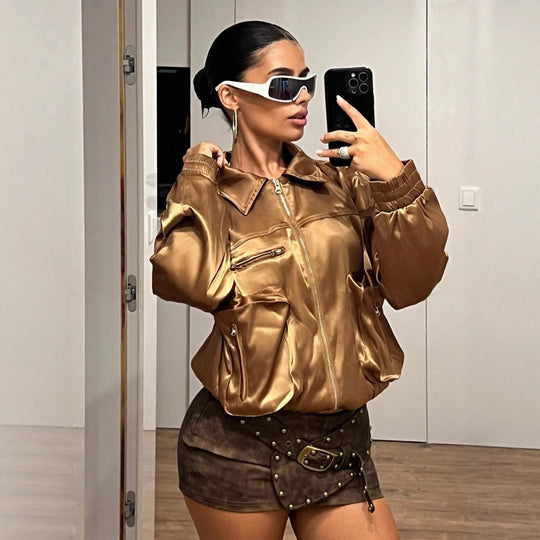 Damen Bomberjacke im glänzenden Satin-Look mit seitlichen Reißverschlusstaschen Heidi-Mode