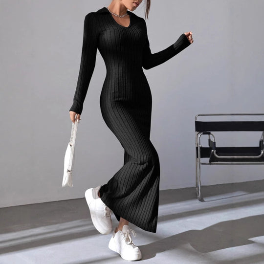 Damen Maxikleid mit strukturiertem V-Ausschnitt und Seitenschlitzen Heidi-Mode