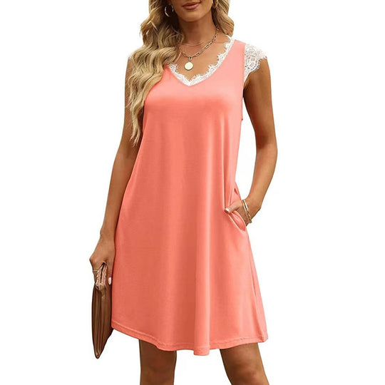 Damen ärmelloses Kleid mit Spitzendetail und seitlichen Taschen Heidi-Mode