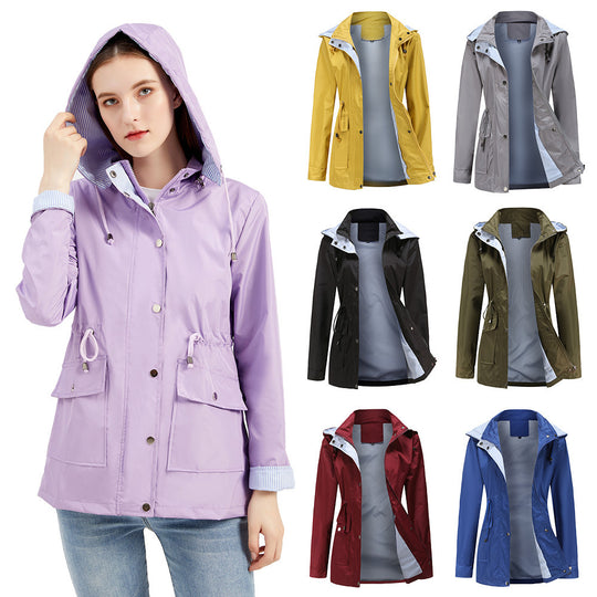 Damen Wetterfeste Regenjacke mit verstellbarem Kapuzenkragen und Taillenzug Heidi-Mode