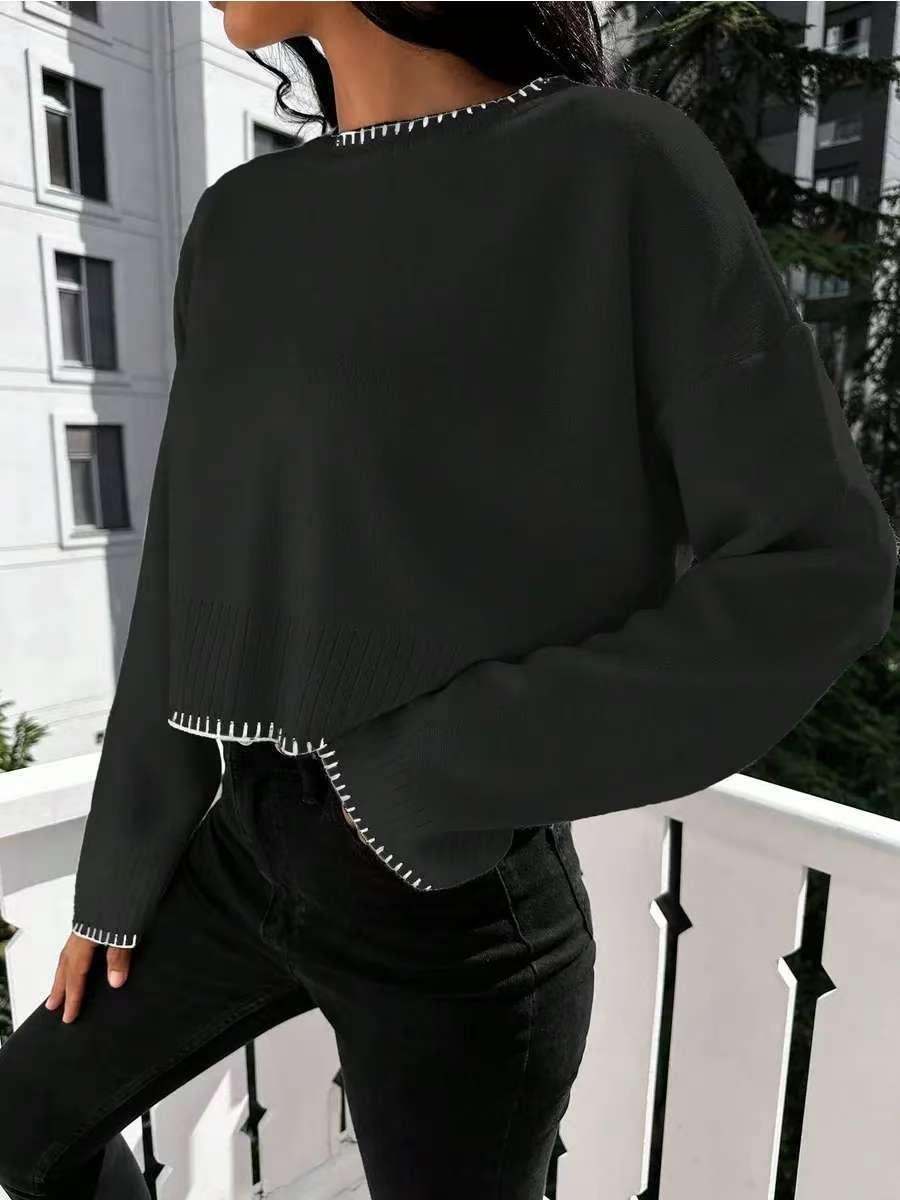 Damen lässiger Crop-Pullover mit strukturierten Säumen und Rundhalsausschnitt Heidi-Mode