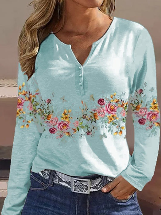 Damen Langarmshirt mit floralem Motiv und Knopfdetails Heidi-Mode
