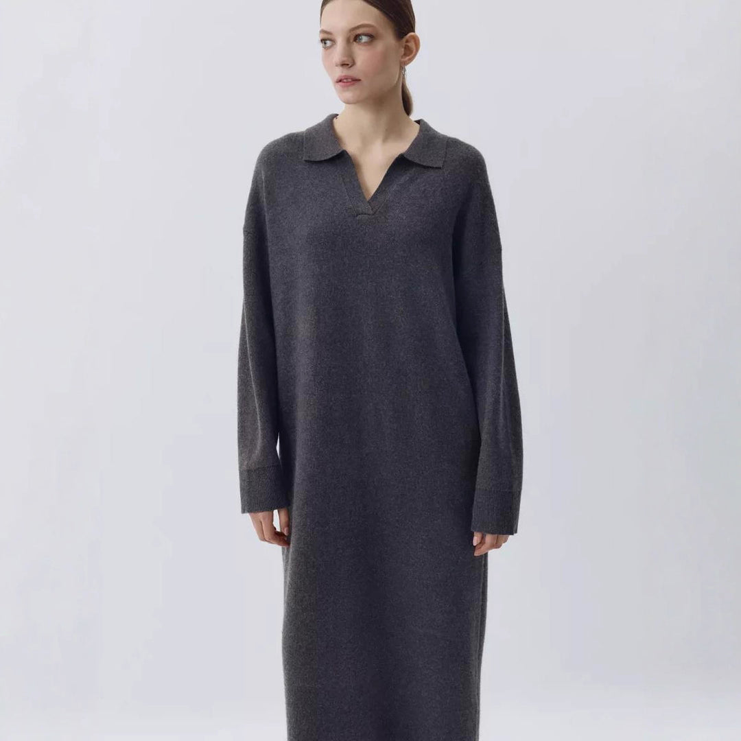 Damen Übergröße Strickkleid mit modernem Polokragen und langen Ärmeln Heidi-Mode