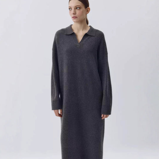 Damen Übergröße Strickkleid mit modernem Polokragen und langen Ärmeln Heidi-Mode