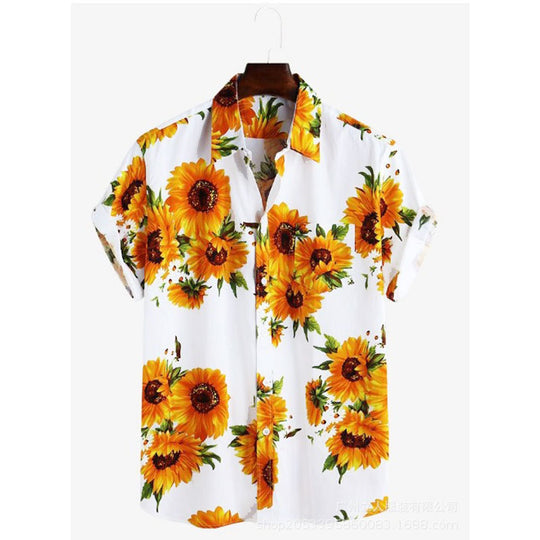 Herren Kurzarmhemd mit farbenfrohem Sonnenblumenmuster und leichtem Baumwollstoff Heidi-Mode