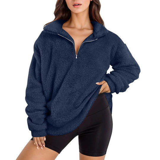 Damen Fleece-Pullover mit halbem Reißverschluss und Oversize-Schnitt Heidi-Mode