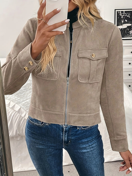 Damen modische Kurzjacke aus hochwertigem Kunstleder mit praktischen Taschen Heidi-Mode
