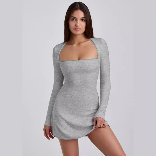 Damen Langärmeliges Minikleid mit elegantem Ausschnitt und Rippstruktur Heidi-Mode