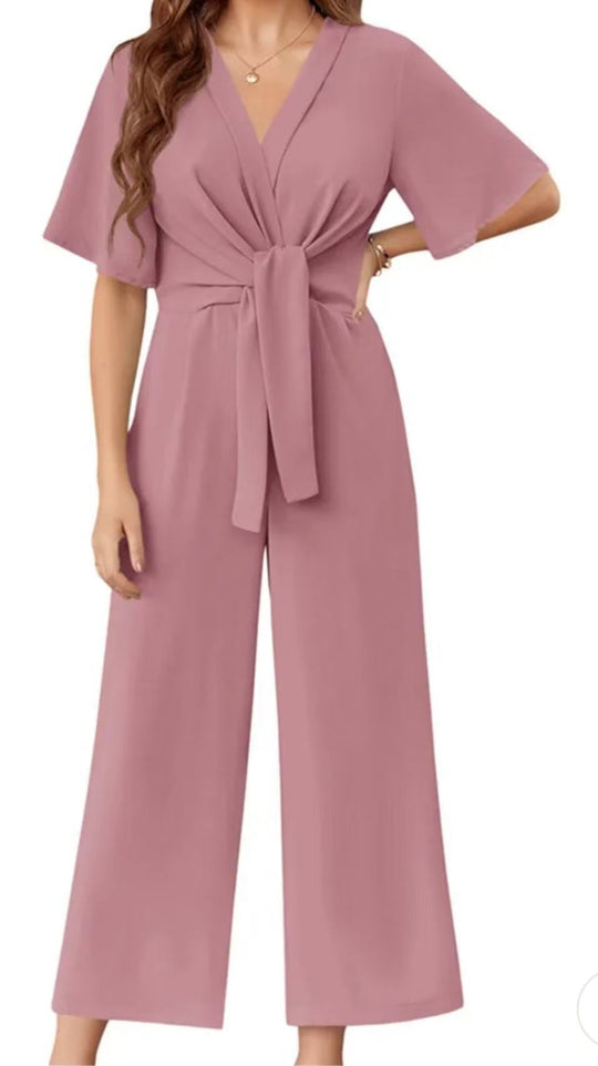 Damen eleganter Wickel-Jumpsuit mit weiten Beinen und Taillengürtel Heidi-Mode