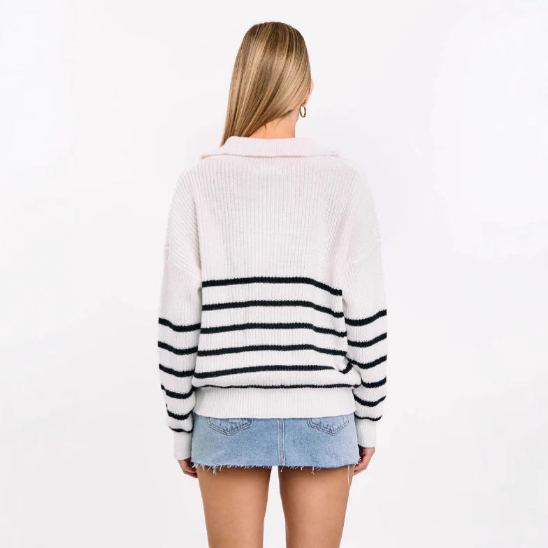 Damen sportlicher Strickpullover mit halbem Reißverschluss und Streifenmuster Heidi-Mode