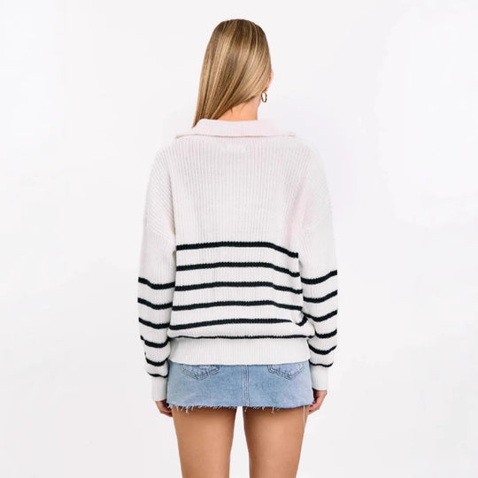 Damen sportlicher Strickpullover mit halbem Reißverschluss und Streifenmuster Heidi-Mode