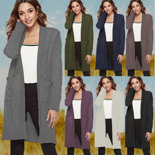 Damen Strickmantel mit großen Taschen und eleganten Zopfmustern Heidi-Mode