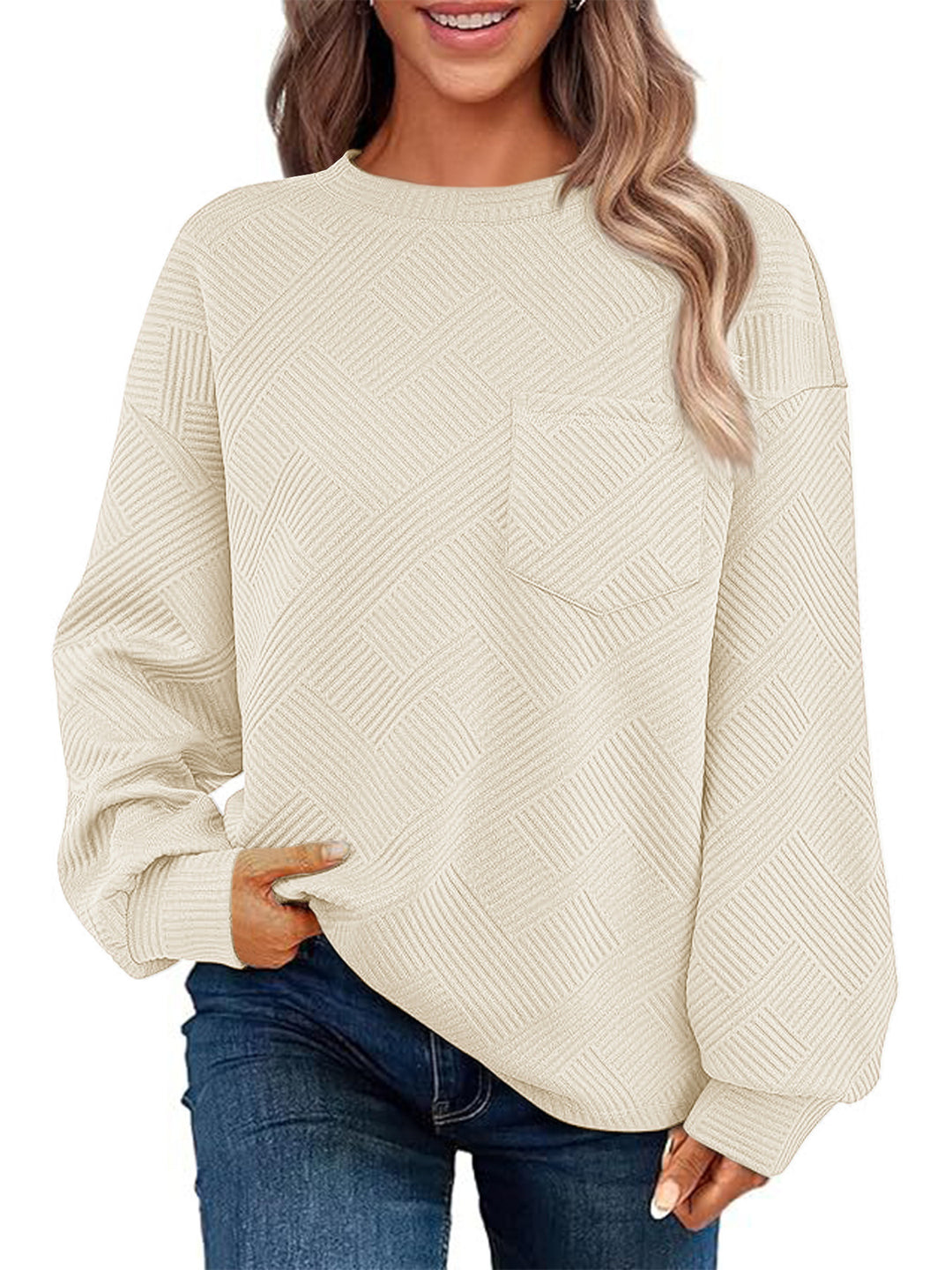 Damen Lässiger Pullover mit strukturiertem Muster und praktischen Taschen Heidi-Mode