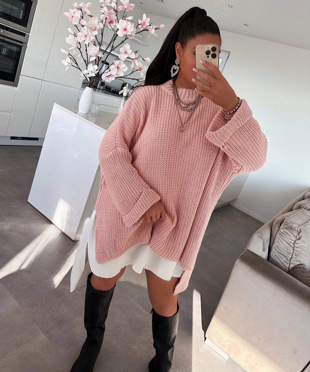 Damen grob gestrickter Oversize-Pullover mit V-Ausschnitt und lässigem Schnitt Heidi-Mode