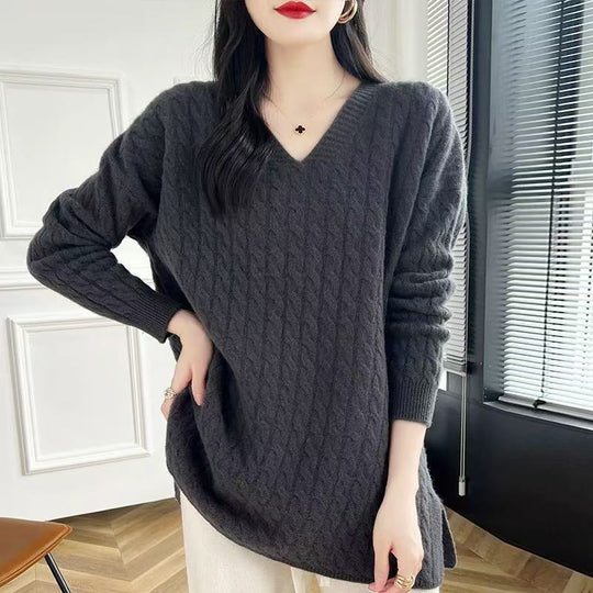 Damen Grobstrickpullover mit V-Ausschnitt und lässigem Schnitt Heidi-Mode
