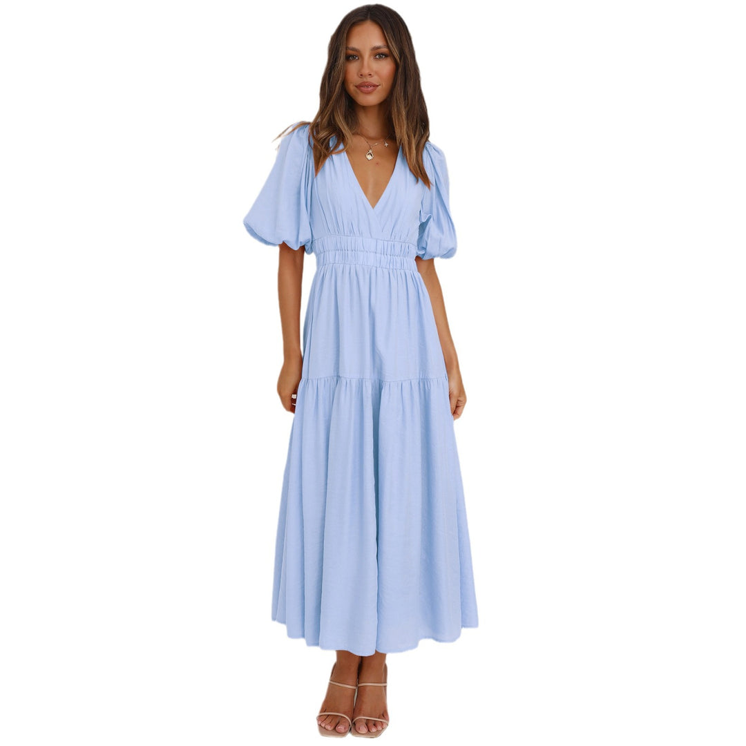 Damen Maxikleid mit voluminösen Puffärmeln und tiefer V-Ausschnittgestaltung Heidi-Mode