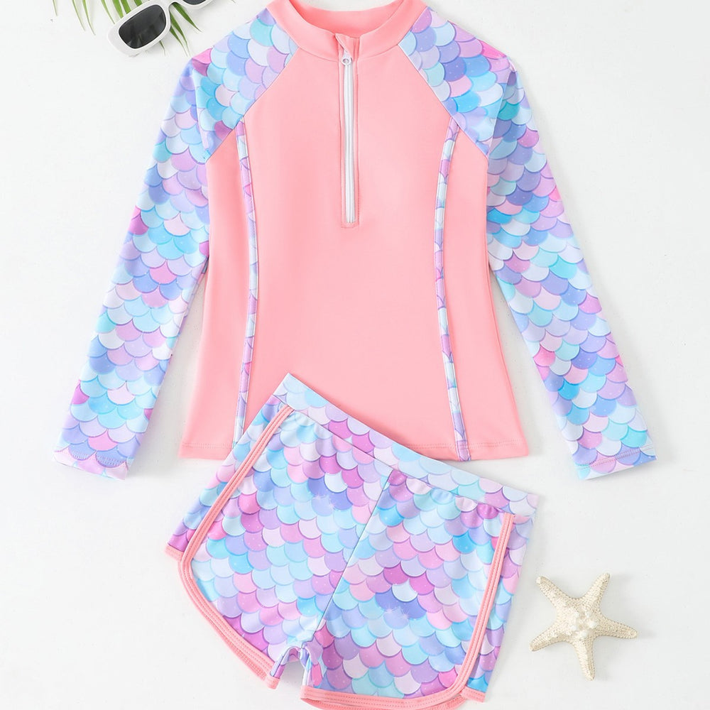 Damen Surfanzug-Set mit langer Raglanärmel und farbenfrohem Schuppenmuster Heidi-Mode