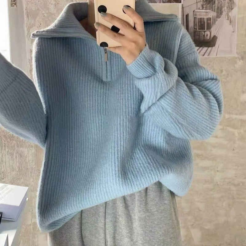 Damen Leichter Strickpullover mit hohem Kragen und Reißverschluss Heidi-Mode