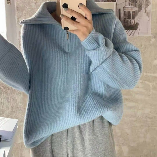 Damen Leichter Strickpullover mit hohem Kragen und Reißverschluss Heidi-Mode