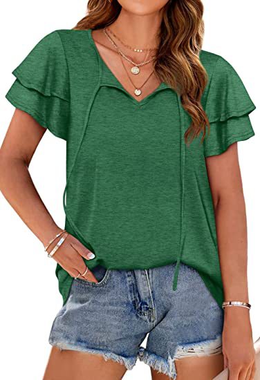 Damen lässiges V-Ausschnitt T-Shirt mit verspielten Rüschendetails und verstellbarem Kordelzug Heidi-Mode