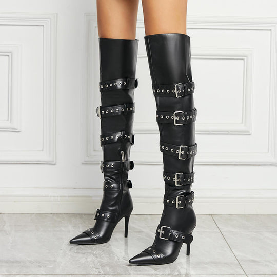 Femme Über-dem-Knie Schnallen Stiletto Stiefel Heidi-Mode