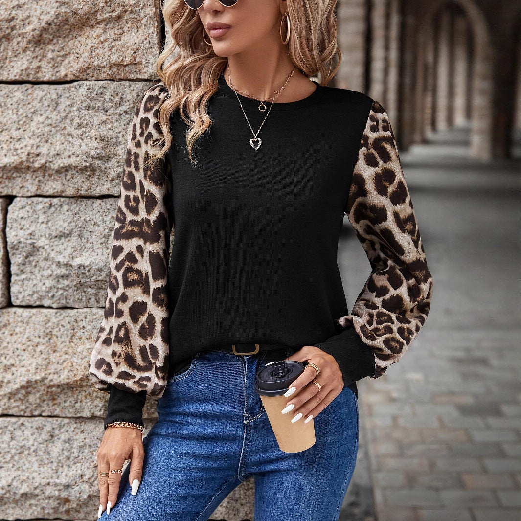 Damen Sweatshirt mit modischen Leopardenärmeln Heidi-Mode