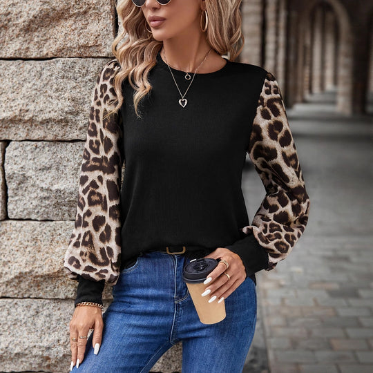Damen Sweatshirt mit modischen Leopardenärmeln Heidi-Mode