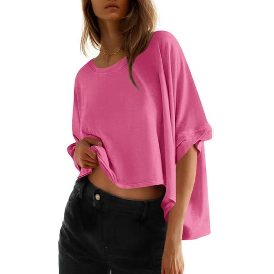 Damen lässiges cropped Oberteil mit weiten Ärmeln und Rundhalsausschnitt Heidi-Mode