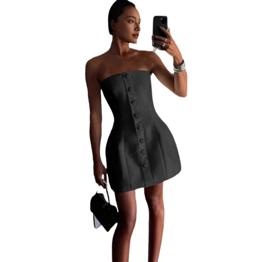 Damen Bustier Minikleid mit Knopfleiste und strukturiertem Oberteil Heidi-Mode