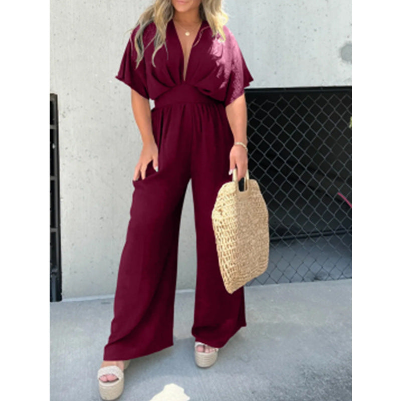 Damen eleganter Overall mit weitem Bein und tiefem V-Ausschnitt Heidi-Mode