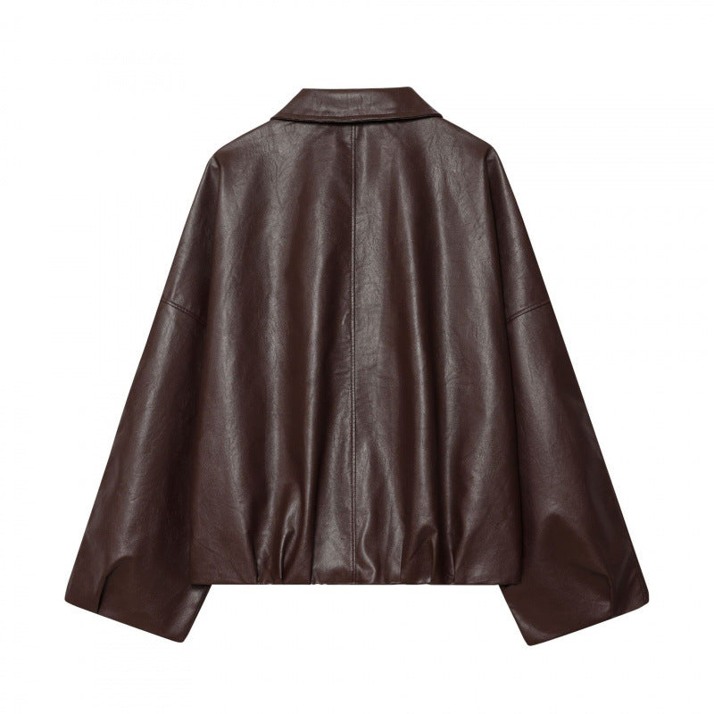 Damen modische Kunstlederjacke mit breiten Ärmeln und praktischen Taschen Heidi-Mode