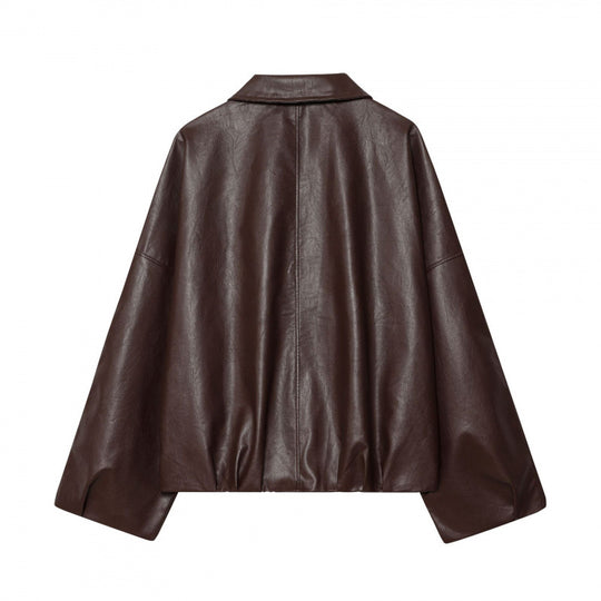 Damen modische Kunstlederjacke mit breiten Ärmeln und praktischen Taschen Heidi-Mode