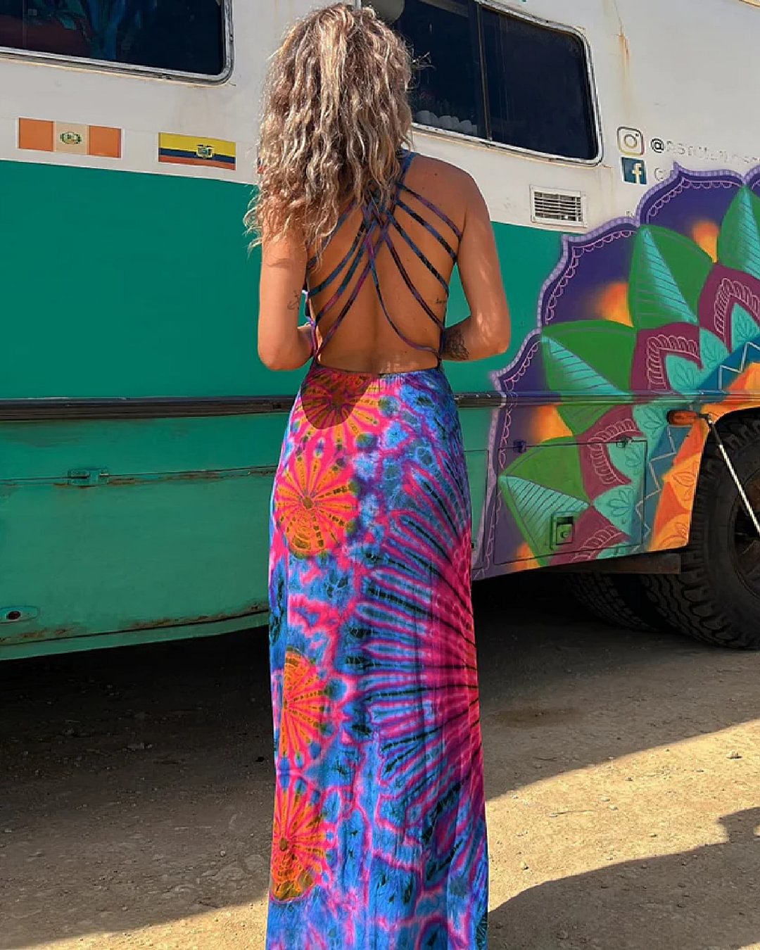 Maxi Kleid mit Spitze und Tie-Dye-Print